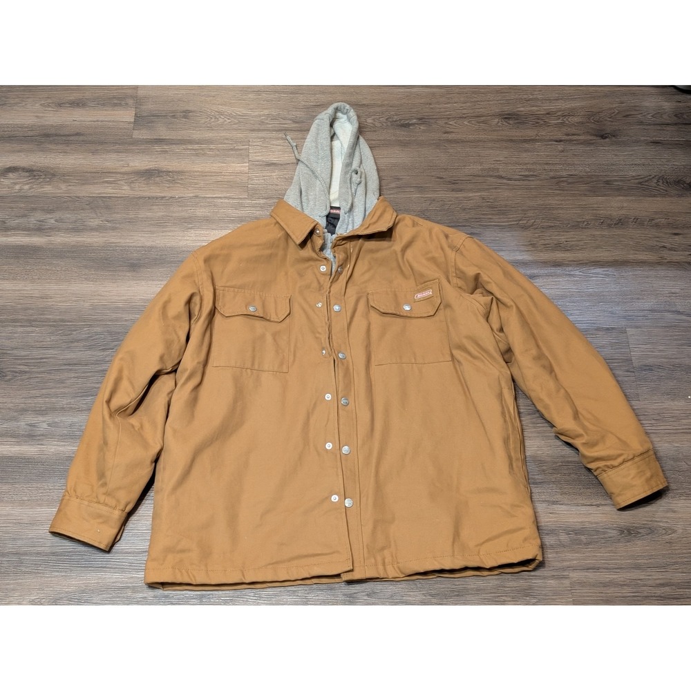 Genuine Dickies L Brown Duck Canvas Hooded Quilted Shirt Jacket Work Coat READ